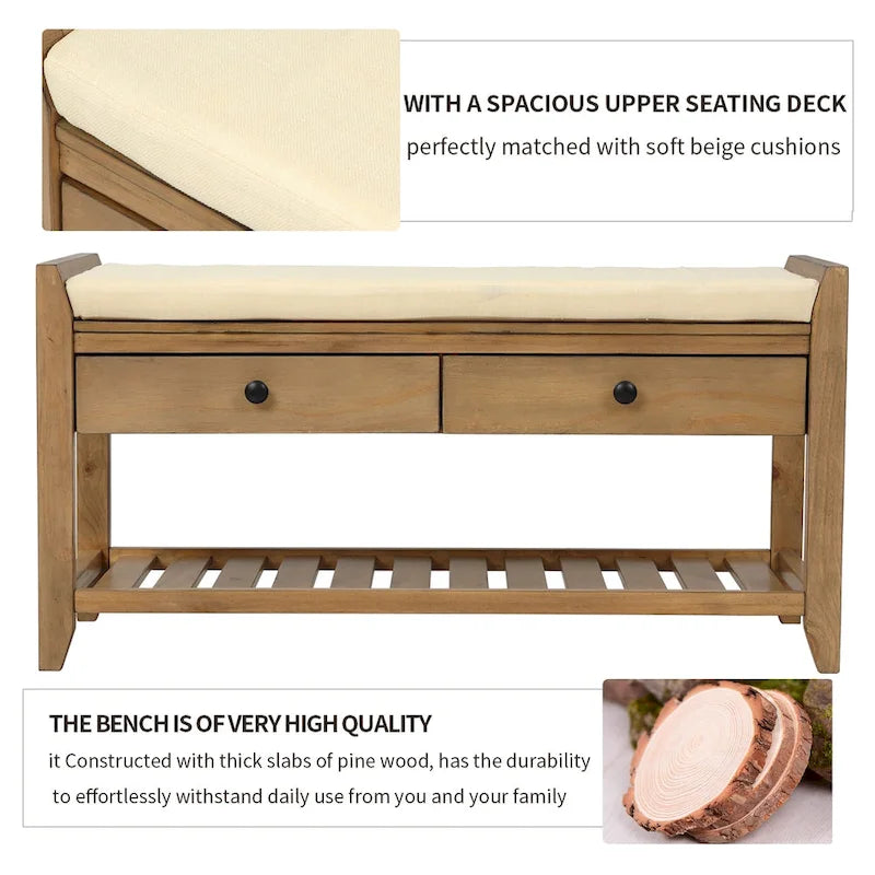 Entryway Storage Bench with Cushioned Seat and Drawers - 39L x 14W x 19.8H
