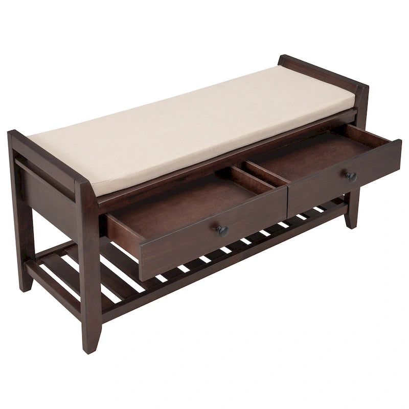 Entryway Storage Bench with Cushioned Seat and Drawers - 39L x 14W x 19.8H