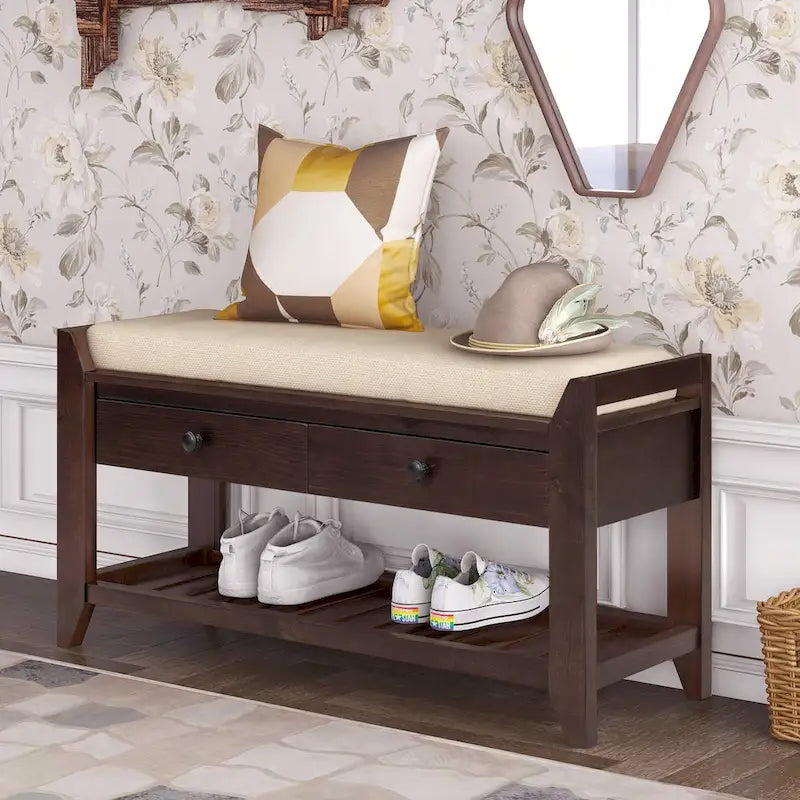 Entryway Storage Bench with Cushioned Seat and Drawers - 39L x 14W x 19.8H