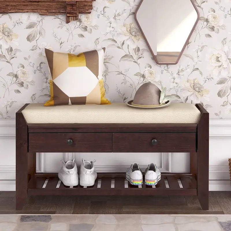 Entryway Storage Bench with Cushioned Seat and Drawers - 39L x 14W x 19.8H