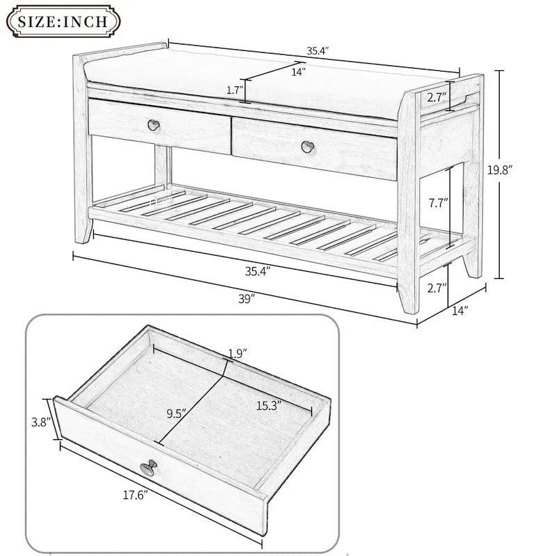Entryway Storage Bench with Cushioned Seat and Drawers - 39L x 14W x 19.8H