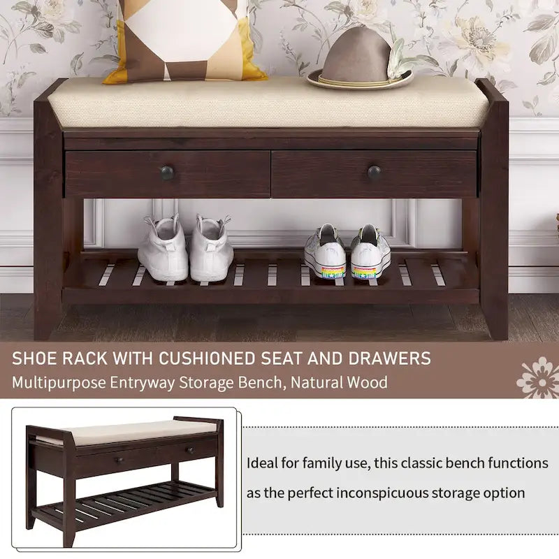Entryway Storage Bench with Cushioned Seat and Drawers - 39L x 14W x 19.8H