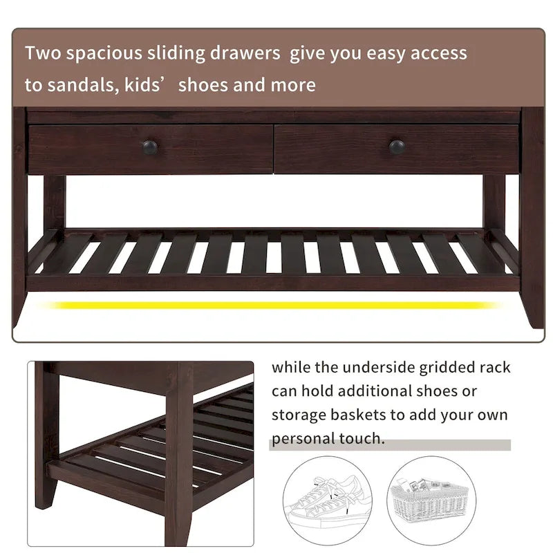 Entryway Storage Bench with Cushioned Seat and Drawers - 39L x 14W x 19.8H