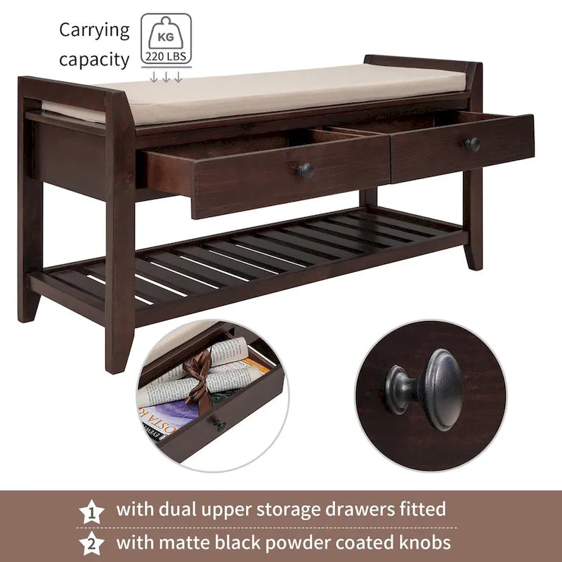 Entryway Storage Bench with Cushioned Seat and Drawers - 39L x 14W x 19.8H