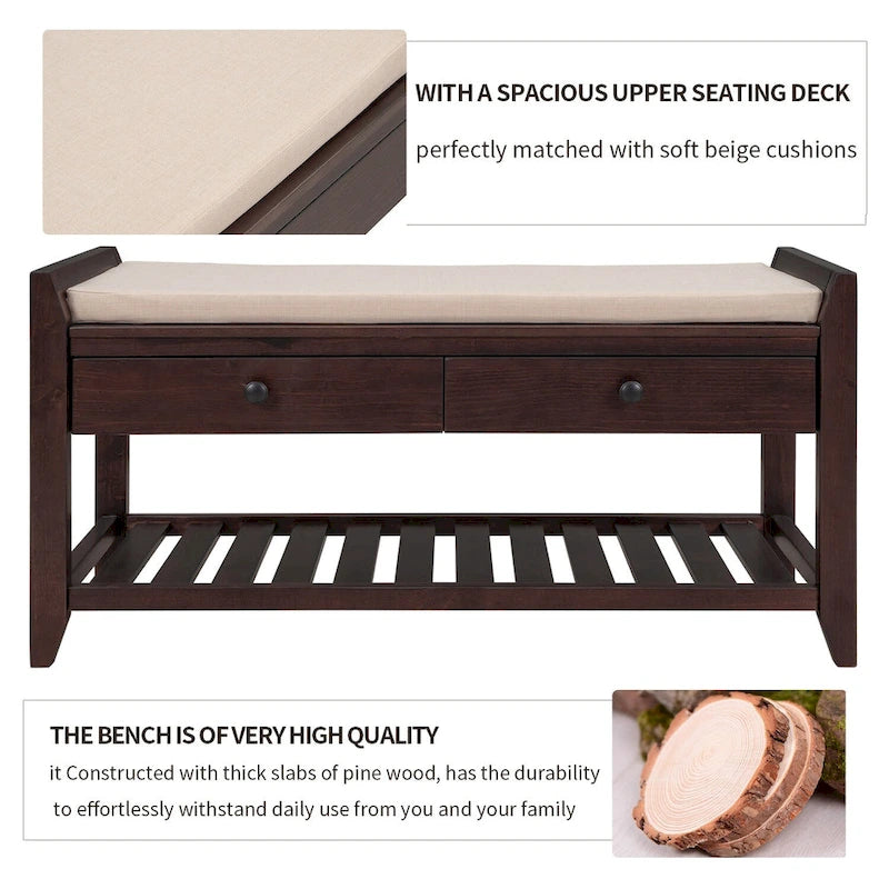 Entryway Storage Bench with Cushioned Seat and Drawers - 39L x 14W x 19.8H