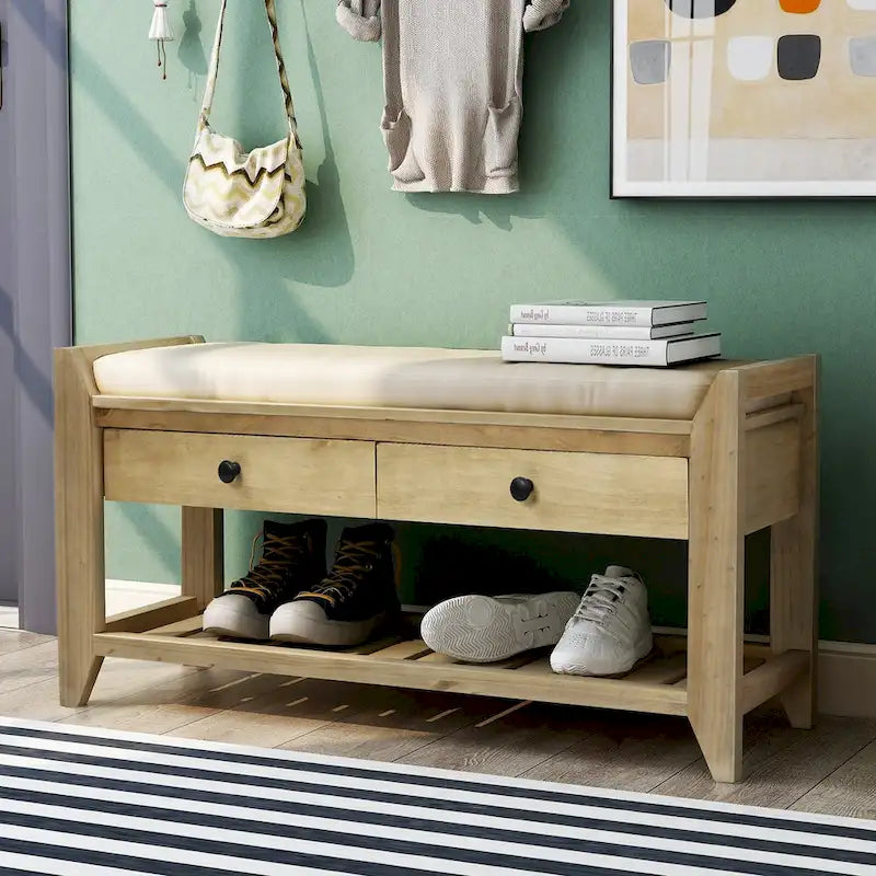 Entryway Storage Bench with Cushioned Seat and Drawers - 39L x 14W x 19.8H