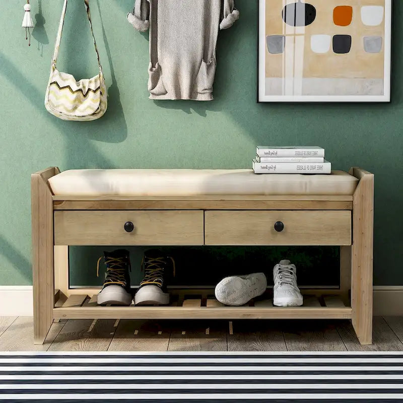 Entryway Storage Bench with Cushioned Seat and Drawers - 39L x 14W x 19.8H