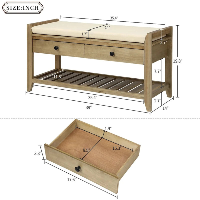 Entryway Storage Bench with Cushioned Seat and Drawers - 39L x 14W x 19.8H
