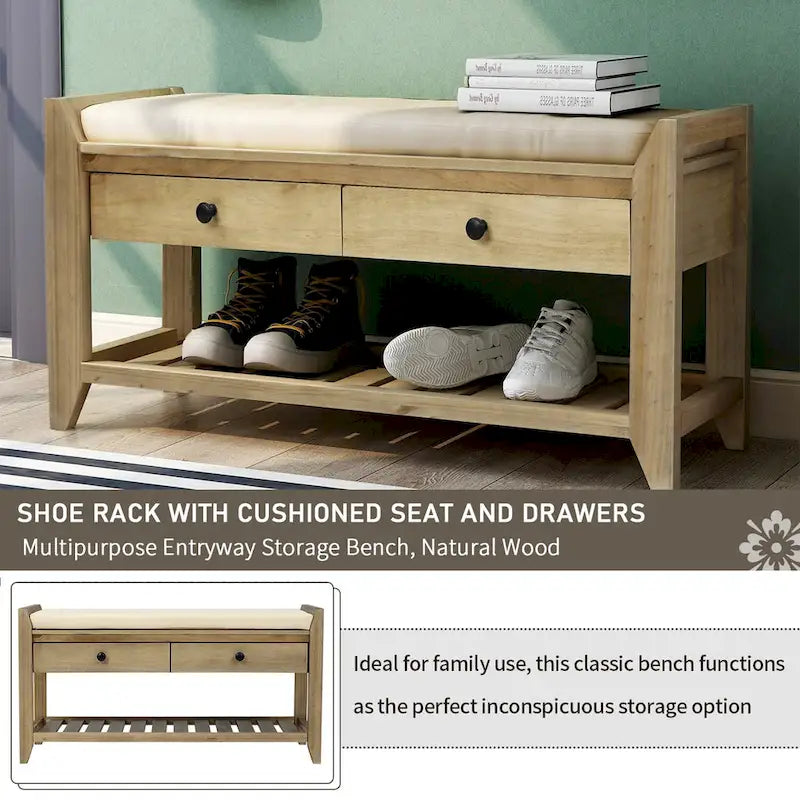 Entryway Storage Bench with Cushioned Seat and Drawers - 39L x 14W x 19.8H