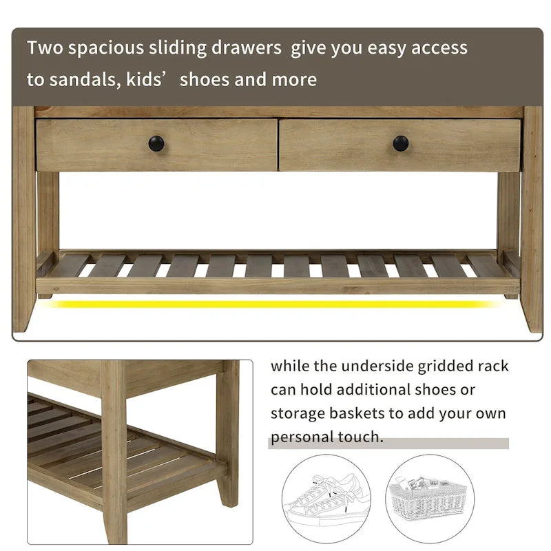 Entryway Storage Bench with Cushioned Seat and Drawers - 39L x 14W x 19.8H