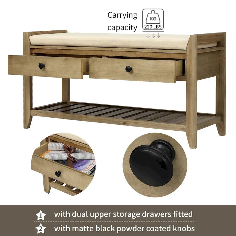 Entryway Storage Bench with Cushioned Seat and Drawers - 39L x 14W x 19.8H