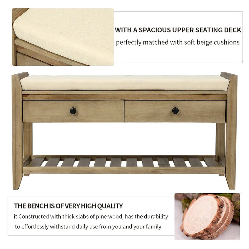 Entryway Storage Bench with Cushioned Seat and Drawers - 39L x 14W x 19.8H