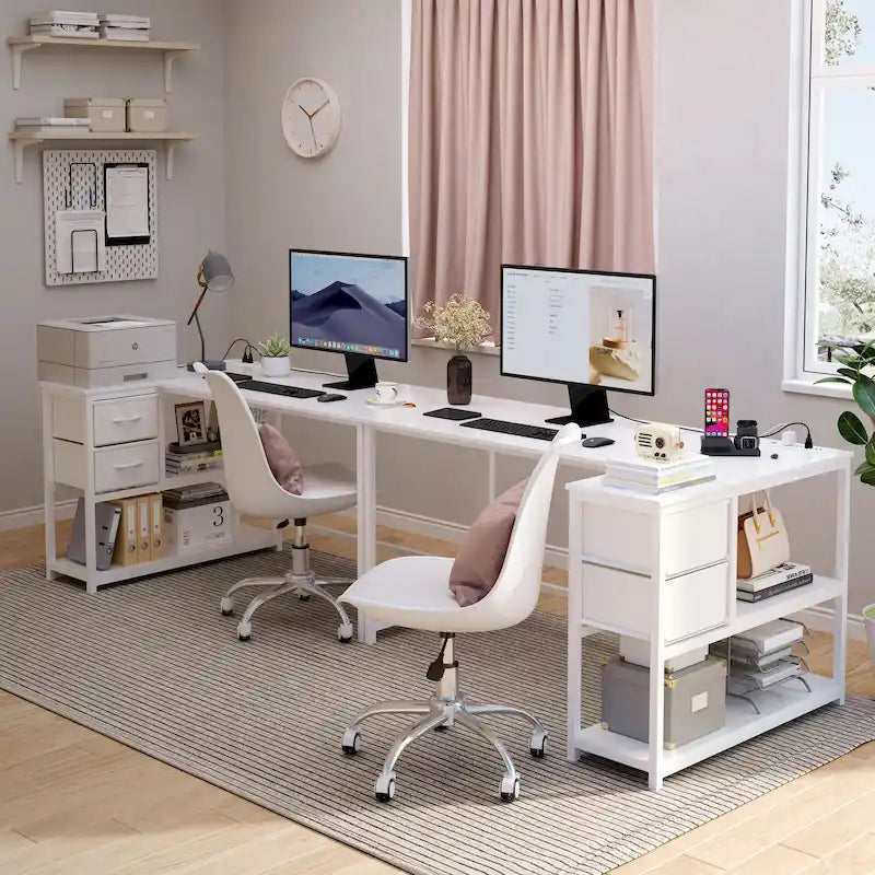 L Shaped Computer Desk with Charging Station Reversible Corner PC Desk with Drawer