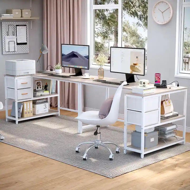 L Shaped Computer Desk with Charging Station Reversible Corner PC Desk with Drawer