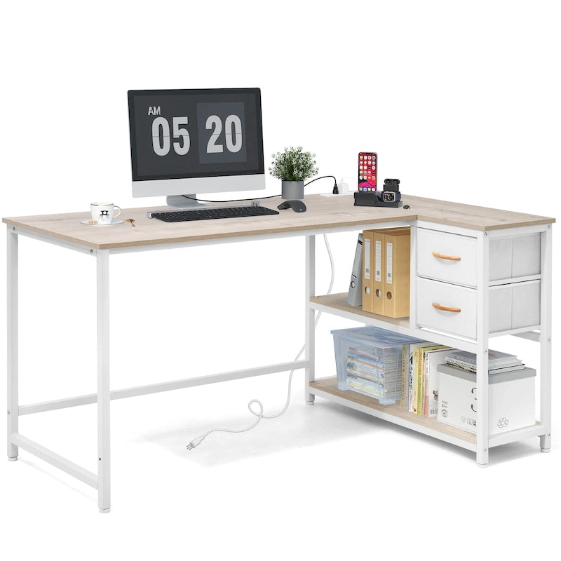 L Shaped Computer Desk with Charging Station Reversible Corner PC Desk with Drawer