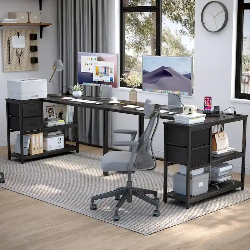 L Shaped Computer Desk with Charging Station Reversible Corner PC Desk with Drawer