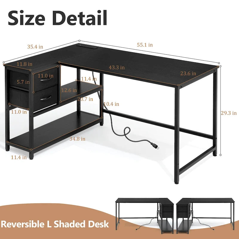 L Shaped Computer Desk with Charging Station Reversible Corner PC Desk with Drawer
