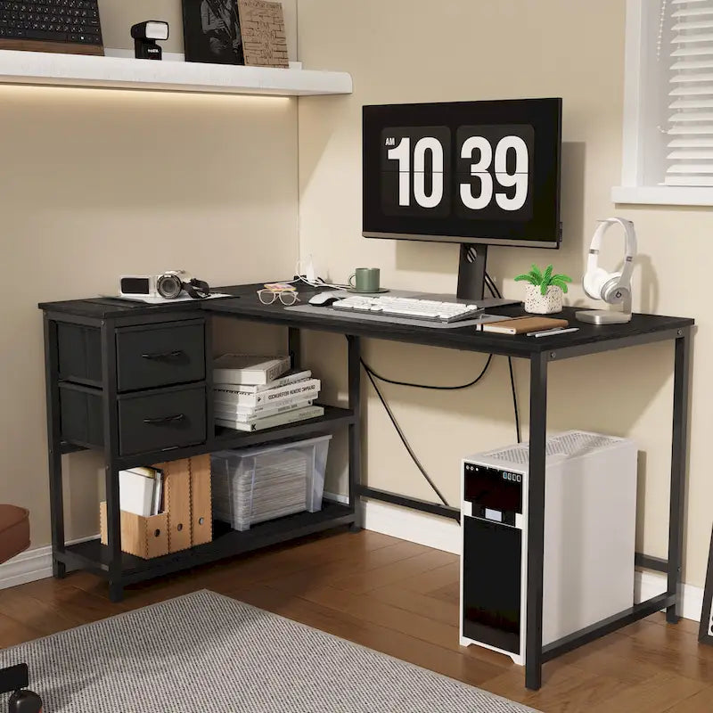 L Shaped Computer Desk with Charging Station Reversible Corner PC Desk with Drawer