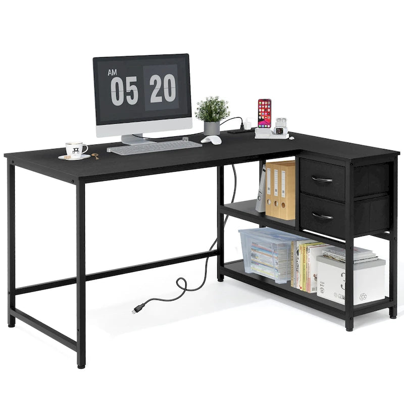 L Shaped Computer Desk with Charging Station Reversible Corner PC Desk with Drawer