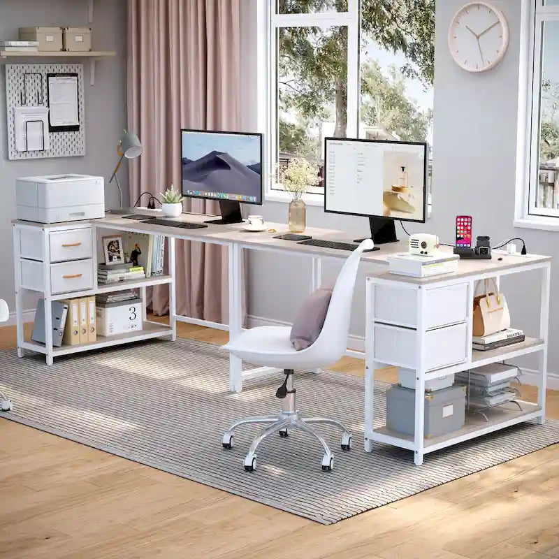 L Shaped Computer Desk with Charging Station Reversible Corner PC Desk with Drawer