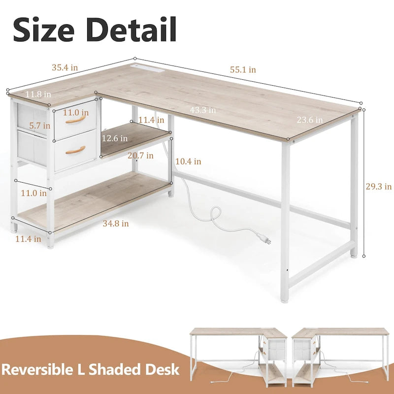 L Shaped Computer Desk with Charging Station Reversible Corner PC Desk with Drawer