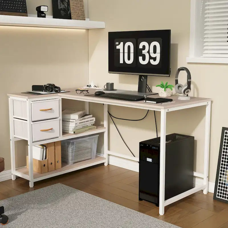 L Shaped Computer Desk with Charging Station Reversible Corner PC Desk with Drawer