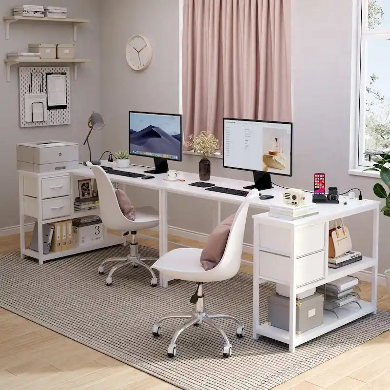 L Shaped Computer Desk with Charging Station Reversible Corner PC Desk with Drawer