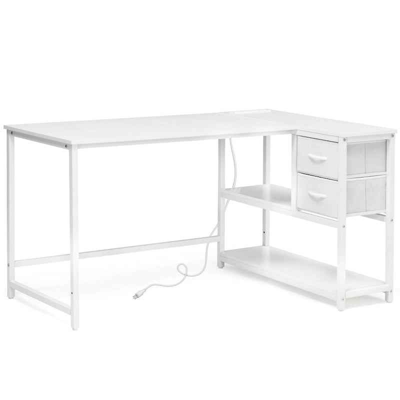 L Shaped Computer Desk with Charging Station Reversible Corner PC Desk with Drawer