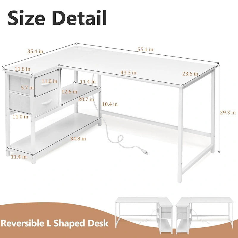 L Shaped Computer Desk with Charging Station Reversible Corner PC Desk with Drawer