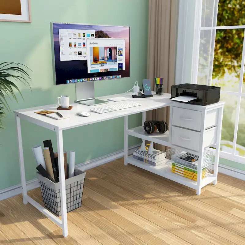 L Shaped Computer Desk with Charging Station Reversible Corner PC Desk with Drawer