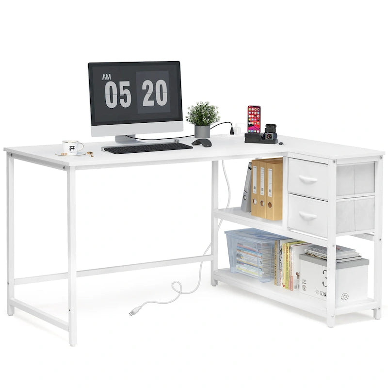 L Shaped Computer Desk with Charging Station Reversible Corner PC Desk with Drawer
