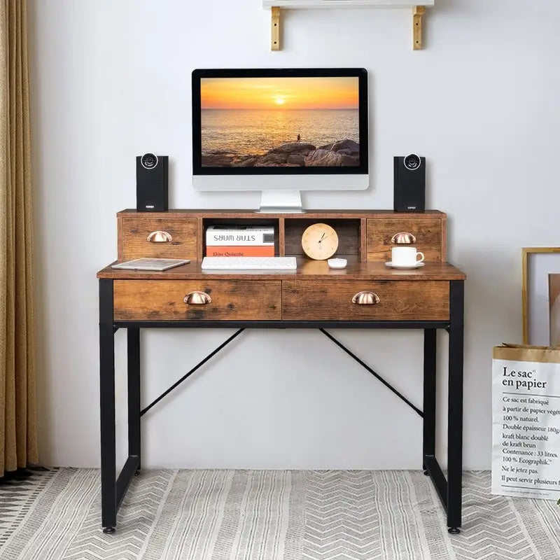 Black Steel Frame Particle Board 4 Drawers Computer Desk