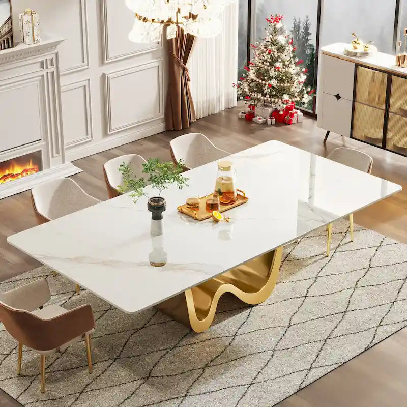 79 Modern Dining Table for 8 Rectangle Dining Table, Luxury White & Gold Kitchen Table with Sintered Stone