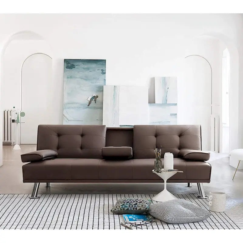 Modern Faux Leather Futon with Cup Holders & Pillows, 65