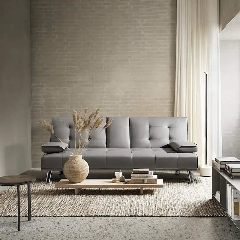 Modern Faux Leather Futon with Cup Holders & Pillows, 65