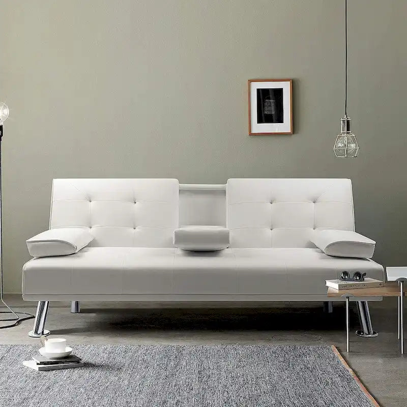 Modern Faux Leather Futon with Cup Holders & Pillows, 65