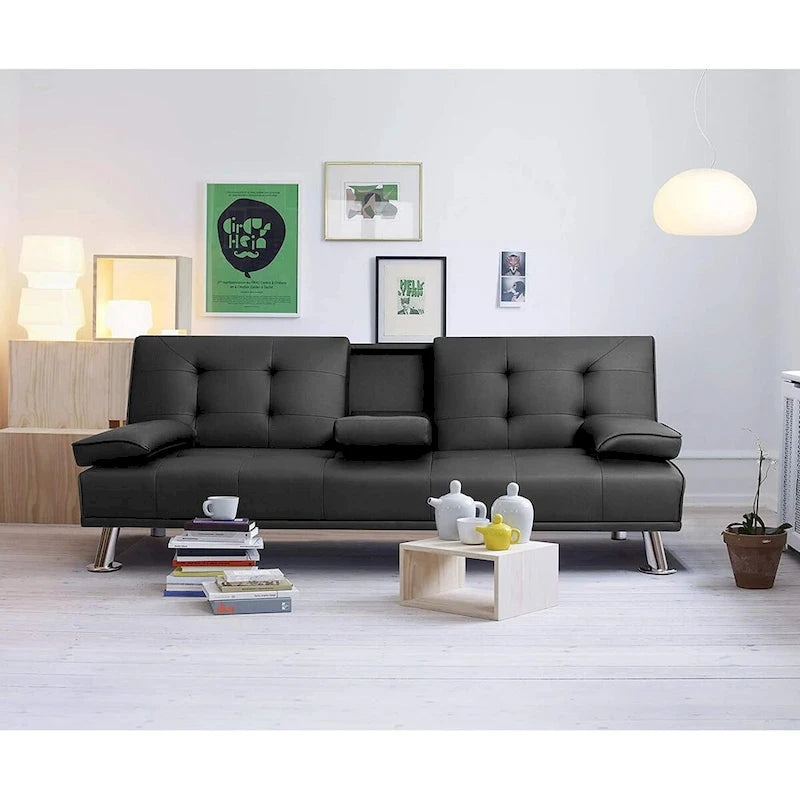 Modern Faux Leather Futon with Cup Holders & Pillows, 65
