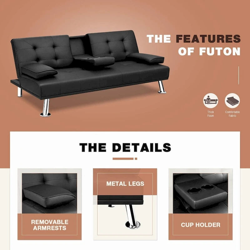 Modern Faux Leather Futon with Cup Holders & Pillows, 65