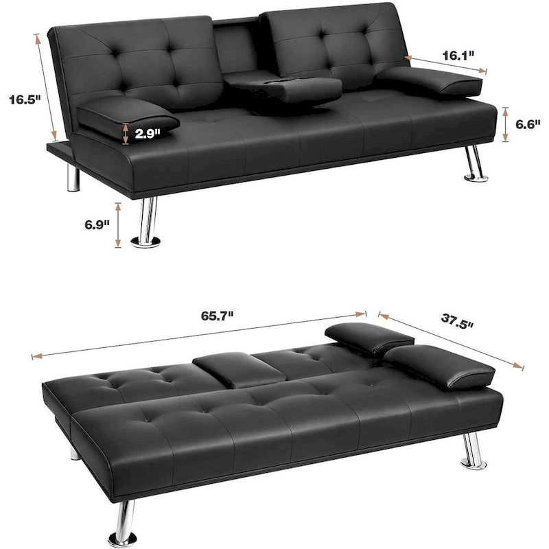 Modern Faux Leather Futon with Cup Holders & Pillows, 65