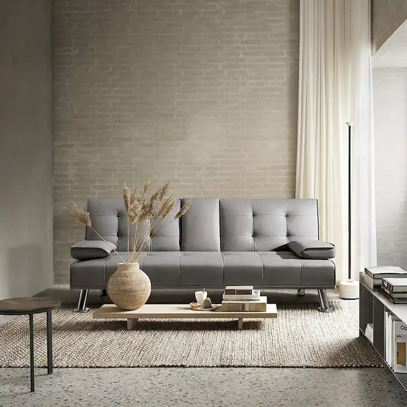 Modern Faux Leather Futon with Cup Holders & Pillows, 65
