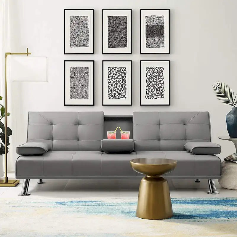 Modern Faux Leather Futon with Cup Holders & Pillows, 65