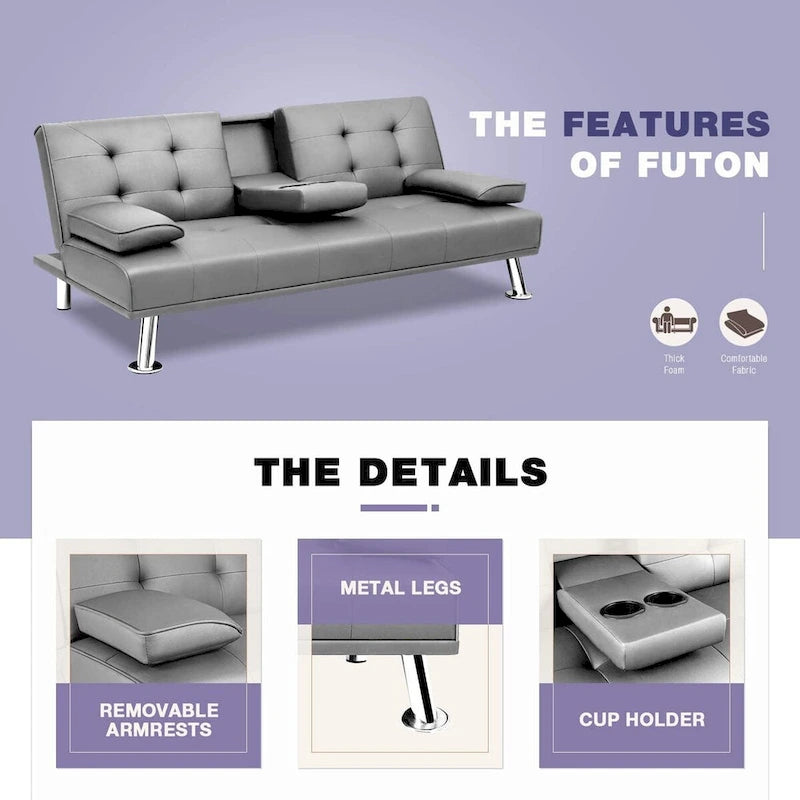 Modern Faux Leather Futon with Cup Holders & Pillows, 65