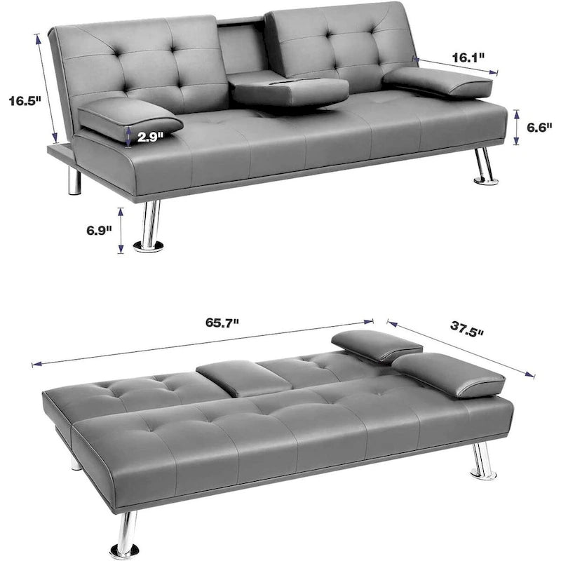 Modern Faux Leather Futon with Cup Holders & Pillows, 65