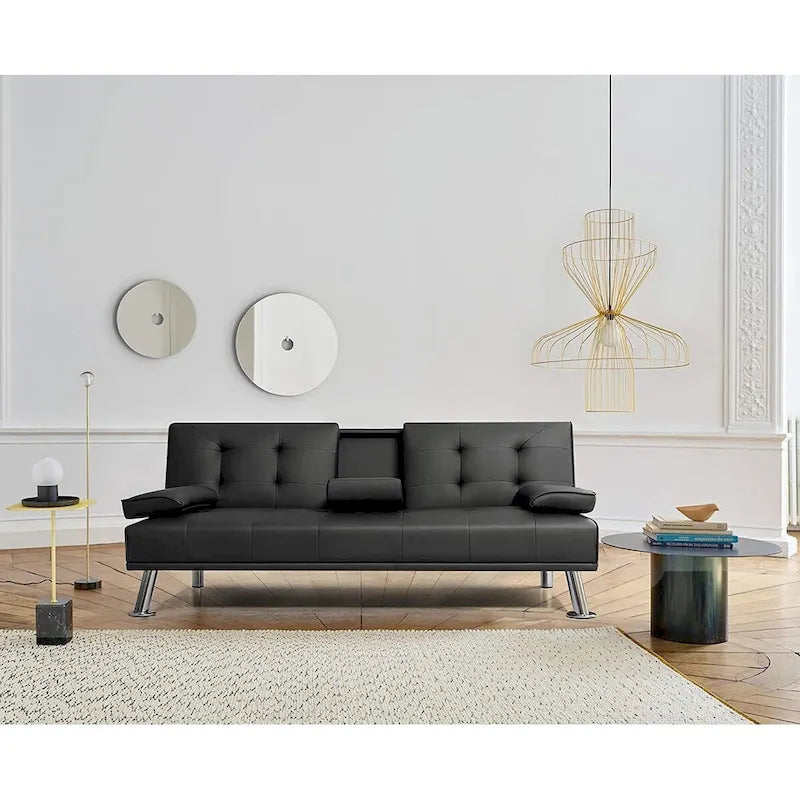 Modern Faux Leather Futon with Cup Holders & Pillows, 65