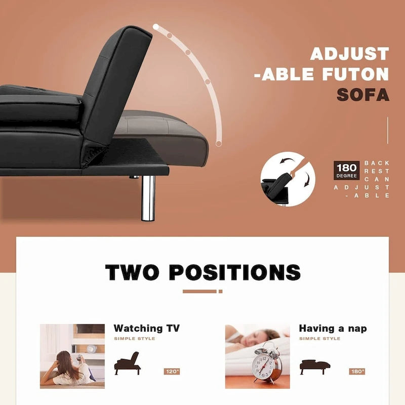 Modern Faux Leather Futon with Cup Holders & Pillows, 65