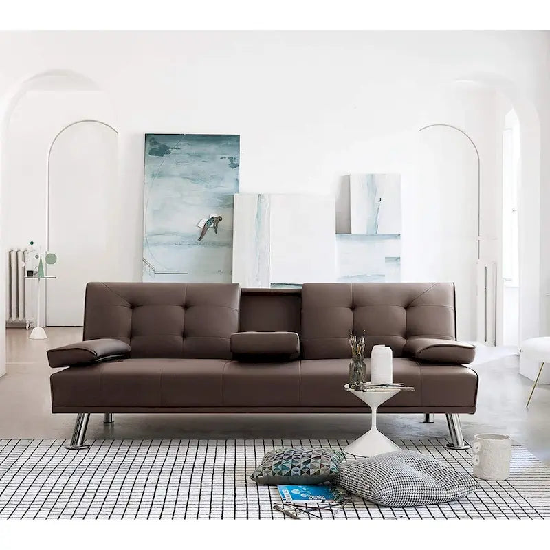 Modern Faux Leather Futon with Cup Holders & Pillows, 65