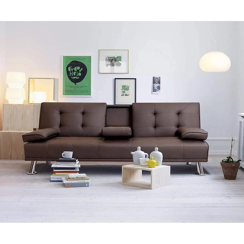 Modern Faux Leather Futon with Cup Holders & Pillows, 65