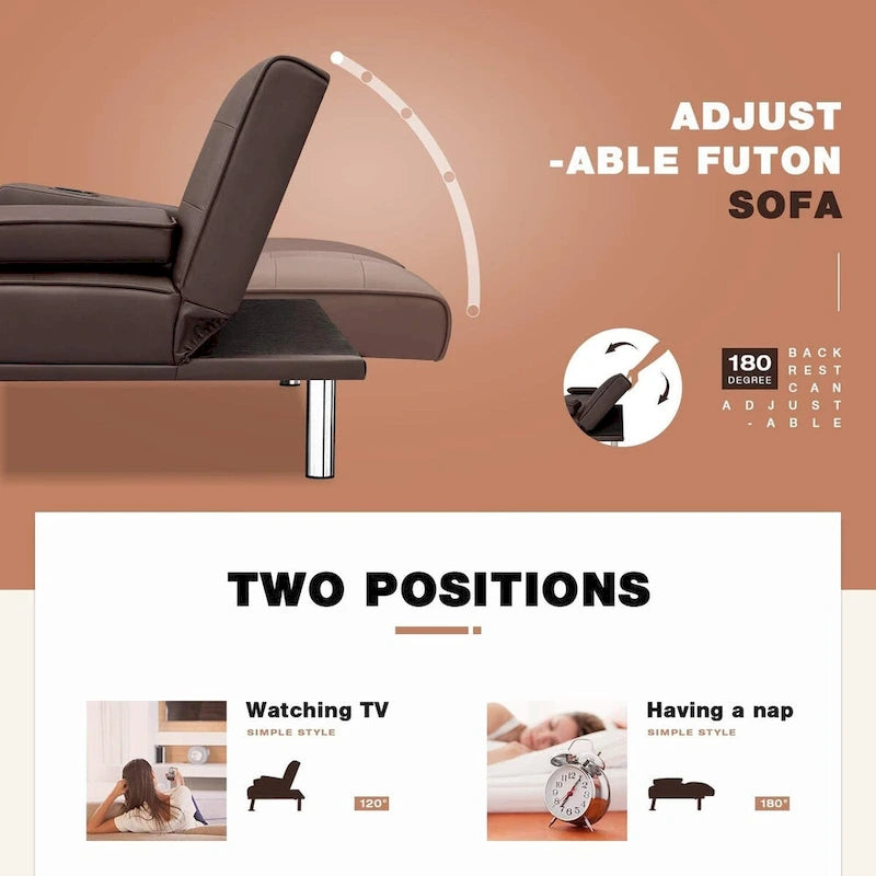 Modern Faux Leather Futon with Cup Holders & Pillows, 65