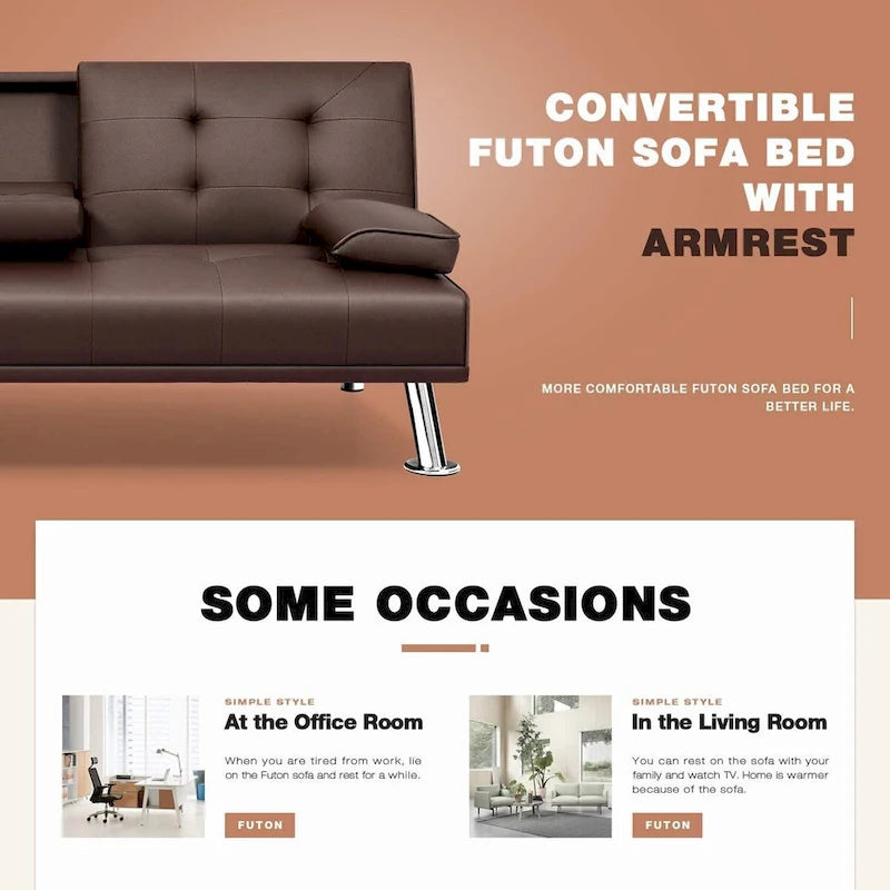 Modern Faux Leather Futon with Cup Holders & Pillows, 65