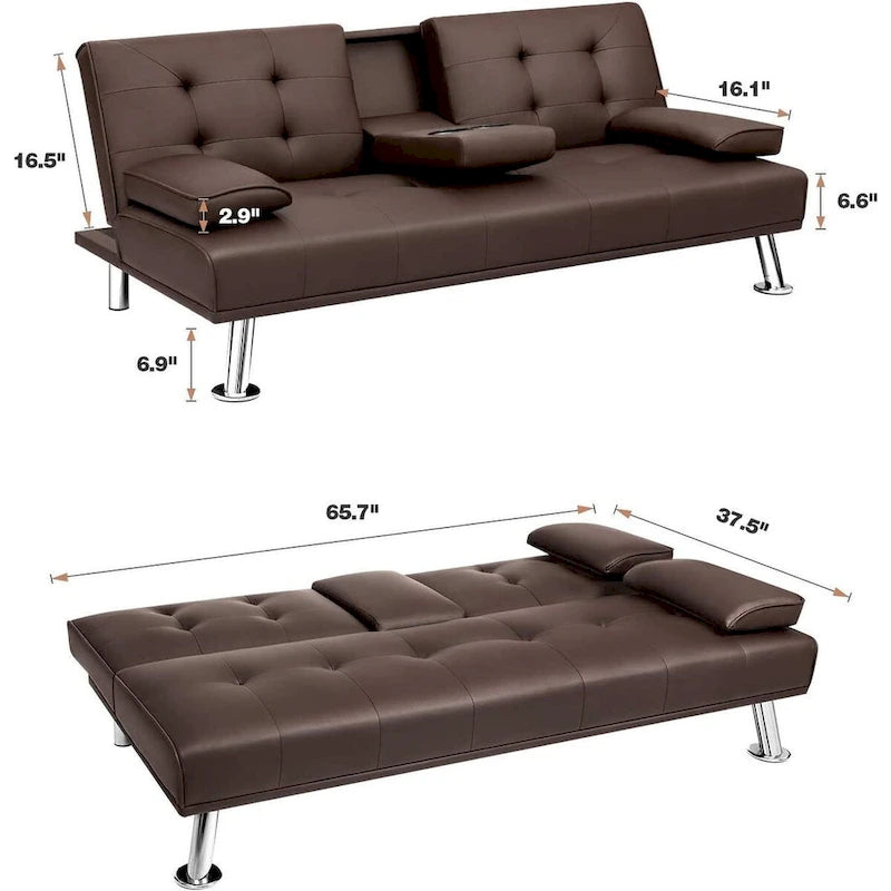 Modern Faux Leather Futon with Cup Holders & Pillows, 65